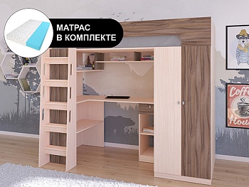 Кровать чердак АСТРА 10 Дуб молочный с беспружинным матрасом