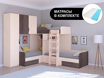 Трехместная кровать ТРИО/1 Дуб молочный с беспружинными матрасами