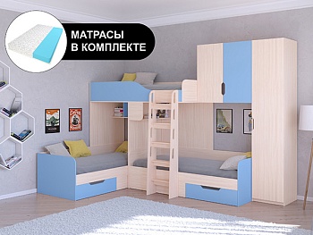 Трехместная кровать ТРИО/2 Дуб молочный с беспружинными матрасами