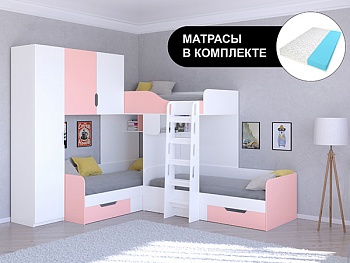 Трехместная кровать ТРИО/1 Белый с беспружинными матрасами