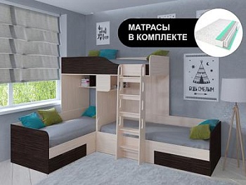 Кровать двухъярусная ТРИО Дуб молочный с пружинными матрасами