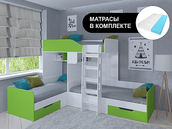Кровать двухъярусная ТРИО Белый с беспружинными матрасами