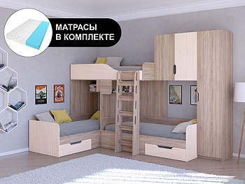 Трехместная кровать ТРИО/2 Сонома с беспружинными матрасами