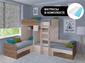 Кровать двухъярусная ТРИО Дуб молочный с беспружинными матрасами