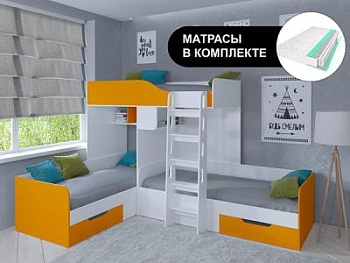 Кровать двухъярусная ТРИО Белый с пружинными матрасами