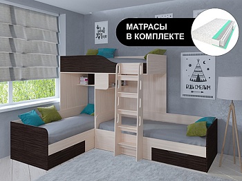 Кровать двухъярусная ТРИО Дуб молочный с пружинными матрасами