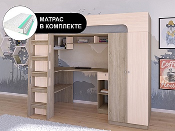 Кровать чердак АСТРА 10 Сонома с пружинным матрасом