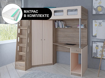 Кровать чердак АСТРА 7 Сонома с пружинным матрасом