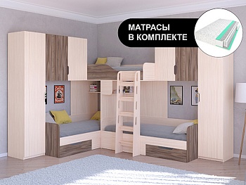 Трехместная кровать ТРИО/3 Дуб молочный с пружинными матрасами
