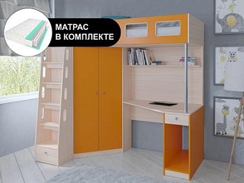 Кровать чердак АСТРА 7 Дуб молочный с пружинным матрасом