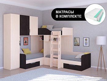 Трехместная кровать ТРИО/1 Дуб молочный с пружинными матрасами