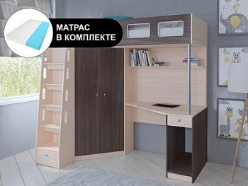 Кровать чердак АСТРА 7 Дуб молочный с беспружинным матрасом