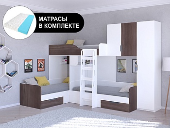 Трехместная кровать ТРИО/2 Белый с беспружинными матрасами