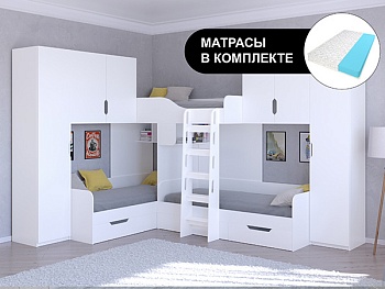 Трехместная кровать ТРИО/3 Белый с беспружинными матрасами