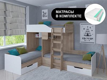 Кровать двухъярусная ТРИО Сонома с пружинными матрасами