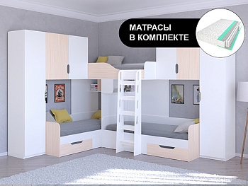 Трехместная кровать ТРИО/3 Белый с пружинными матрасами