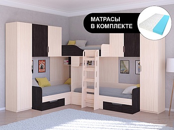 Трехместная кровать ТРИО/3 Дуб молочный с беспружинными матрасами