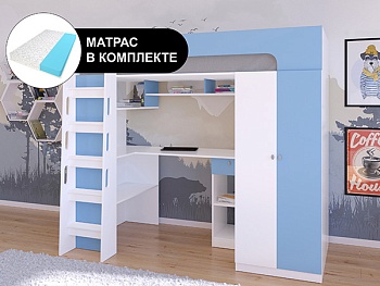 Кровать чердак АСТРА 10 Белый с беспружинным матрасом