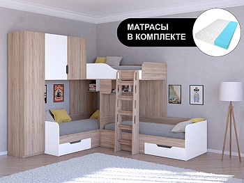 Трехместная кровать ТРИО/1 Сонома с беспружинными матрасами