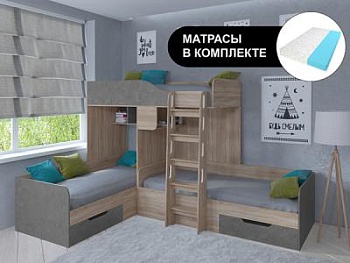 Кровать двухъярусная ТРИО Сонома с беспружинными матрасами