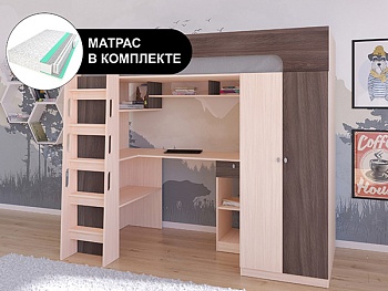 Кровать чердак АСТРА 10 Дуб молочный с пружинным матрасом