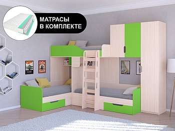 Трехместная кровать ТРИО/2 Дуб молочный с пружинными матрасами