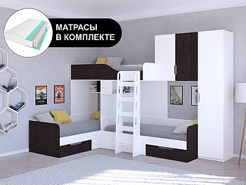 Трехместная кровать ТРИО/2 Белый с пружинными матрасами