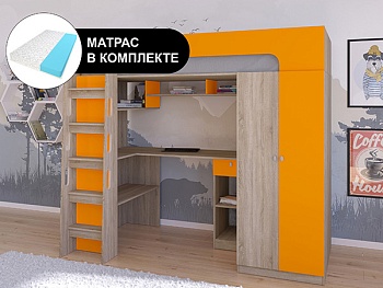 Кровать чердак АСТРА 10 Сонома с беспружинным матрасом