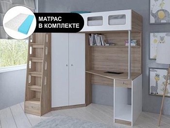 Кровать чердак АСТРА 7 Сонома с беспружинным матрасом